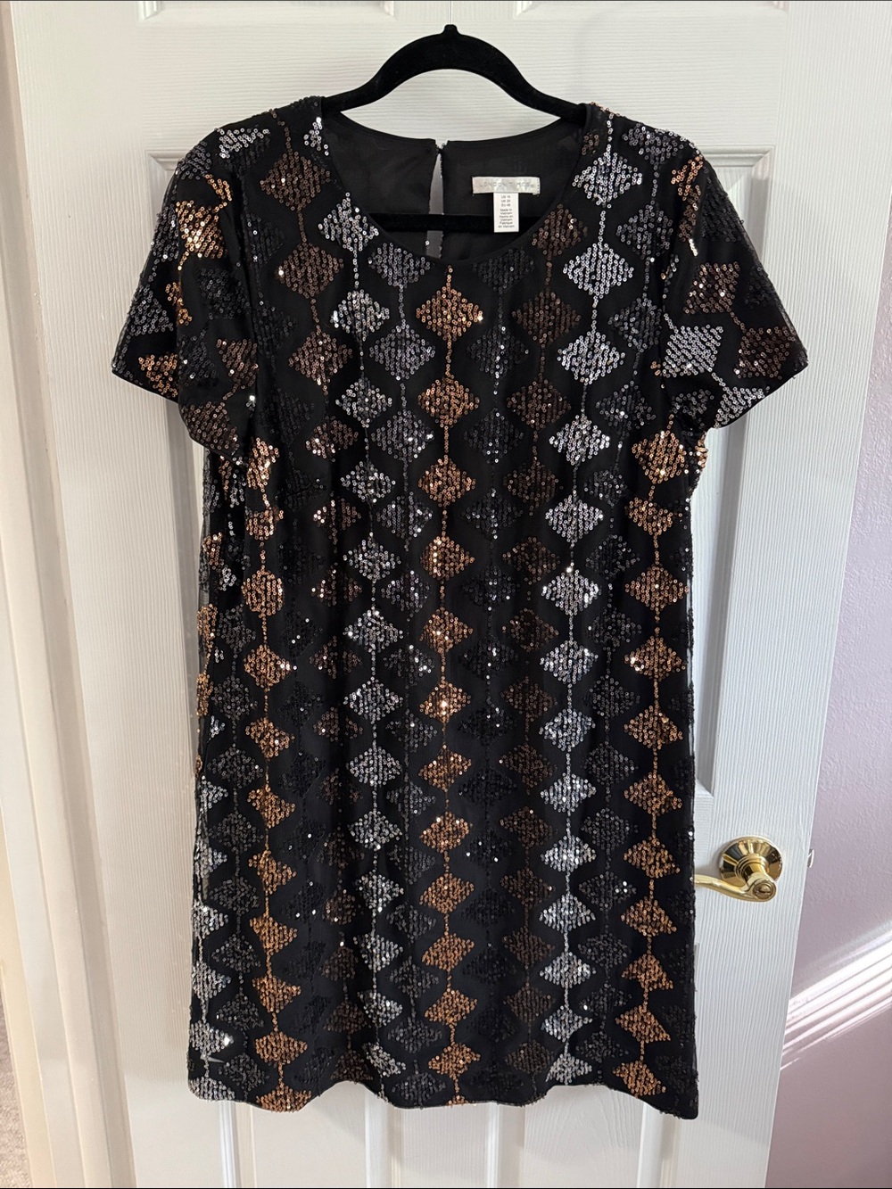 London Times Black Sequin Shift Dress with Gold & Silver Diamond Motif size 16